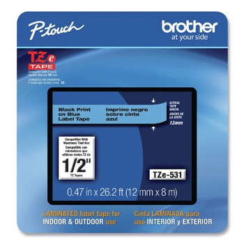 TAPES AND ADHESIVES | Brother P-Touch TZE531CS Tze Laminated Removable Label Tapes, 0.47-in X 26.2 Ft, Black On Blue