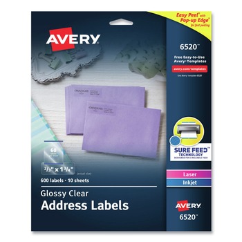 Avery 06520 Easy Peel 0.66 in. x 1.75 in. Mailing Labels with Sure Feed Technology - Glossy Clear (60/Sheet, 10 Sheets/Pack)