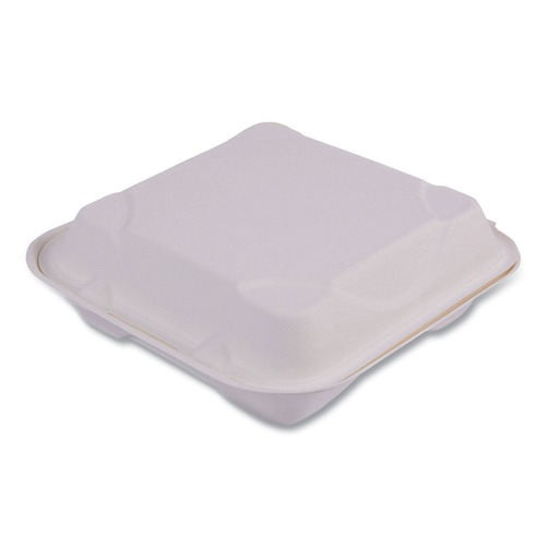  | Eco-Products EP-HC91 9 in. x 9 in. x 3 in. Sugarcane Bagasse Hinged Clamshell Containers - White (200/Carton) image number 0