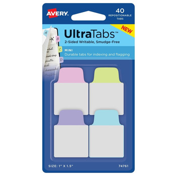 Avery 74761 Ultra Tabs 1 in. x 1.5 in. 1/5-Cut Repositionable Mini Tabs - Assorted Pastel (40/Pack)