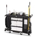 Cleaning Carts | Rubbermaid Commercial 2202527 24.4 in. x 62.4 in. x 49 in. Full-Size 3-Shelf Resin Housekeeping Cart with Accessory Bundle - Black image number 1