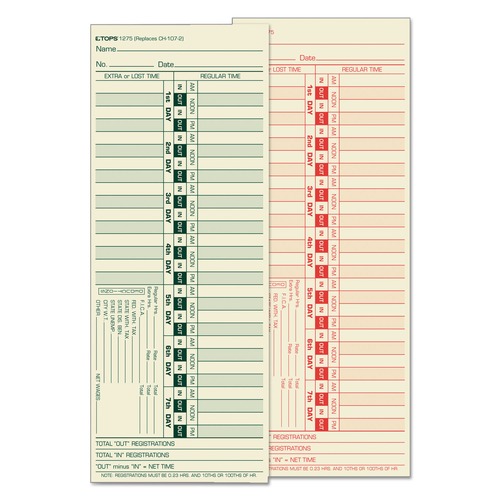 Recordkeeping & Forms | TOPS 1275 3.5 x 9 Two-Side Time Clock Cards Replacement for CH-107-2 (500/Box) image number 0