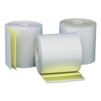 COPY AND PRINTER PAPER | Universal UNV35767 3 in. x 90 ft. 0.44 in. Core Carbonless Paper Rolls - White/Canary (50/Carton)