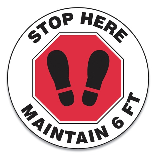 Floor Signs & Safety Signs | GN1 MFS390ESP 17 in. Circle "Stop Here Maintain 6 ft." Footprint Slip-Gard Social Distance Floor Signs - Red/White (25/Pack) image number 0