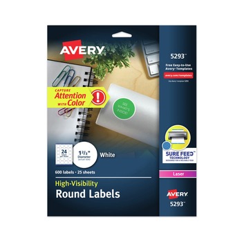 Avery 05293 1.66 in. Diameter Permanent Laser Print-to-the-Edge ID Labels with Sure Feed - White (600/Pack)