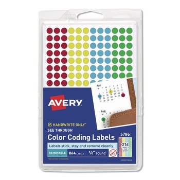 Avery 05796 0.25 in. Diameter Handwrite-Only Self-Adhesive "See Through" Removable Round Color Dots - Assorted (216/Sheet, 4 Sheets/Pack)