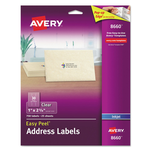 Labels | Avery 08660 1 in. x 2.63 in. Matte Clear Easy Peel Mailing Labels with Sure Feed Technology - Clear (750/Pack) image number 0