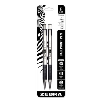 Zebra 27112 F-301 Fine 0.7 millimeter Retractable Ballpoint Pen - Black Ink/Stainless Steel/Black Barrel (2/Pack)