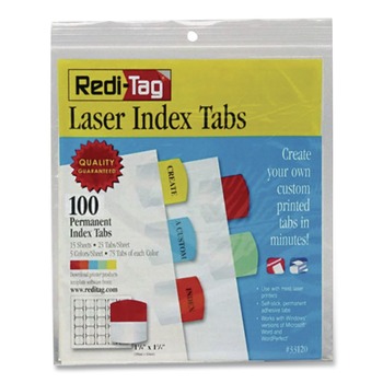 BINDERS AND BINDING SUPPLIES | Redi-Tag B33120 1.13 in. Wide 1/5-Cut Laser Printable Index Tabs - Assorted Colors (100/Pack)