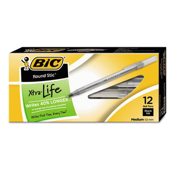 BIC GSM11 BLK Round Stic Xtra Life Medium 1 mm. Stick Ballpoint Pen - Black Ink/Translucent Black Barrel (1-Dozen)