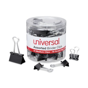 Universal UNV11160 Binder Clips with Storage Tub - Small/Medium, Black/Silver (60/Pack)