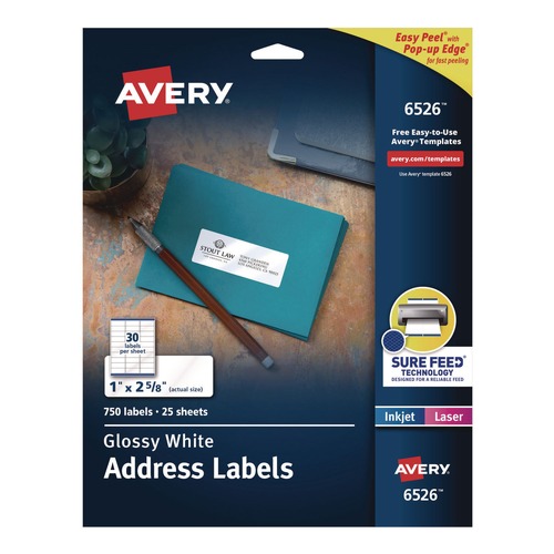 Labels | Avery 06526 Easy Peel 1 in. x 2.63 in. Inkjet/Laser Printers Mailing Labels with Sure Feed Technology - Glossy White (750/Pack) image number 0