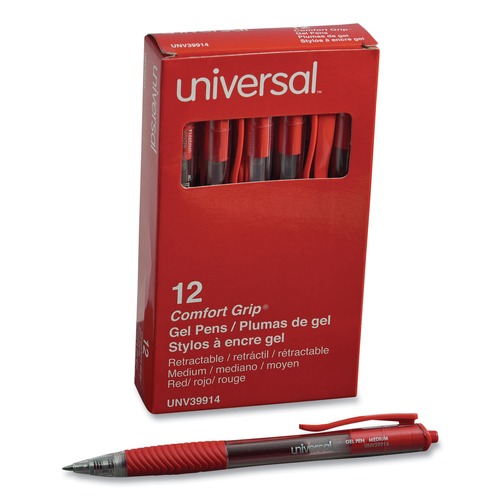 Pens | Universal UNV39914 0.7 mm. Medium Comfort Grip Retractable Gel Pen - Red Ink, Clear/Red Barrel (1-Dozen) image number 0
