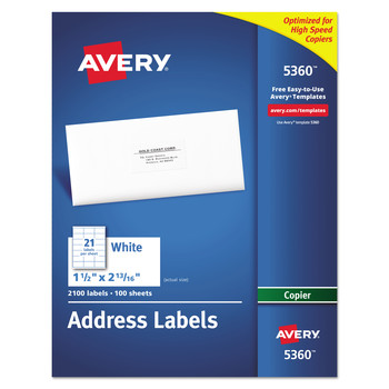 Avery 05360 1.5 in. x 2.81 in. Copier Mailing Labels - White (21/Sheet, 100 Sheets/Box)