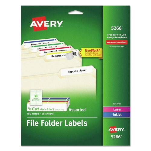 Just Launched | Avery 05266 0.66 in. x 3.44 in. Laser/Inkjet TrueBlock File Folder Labels - White (30/Sheet, 25 Sheets/Pack) image number 0
