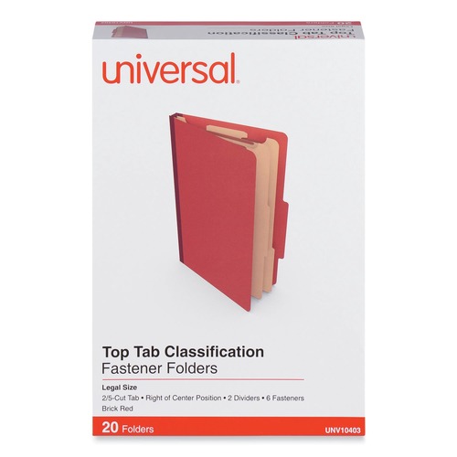 File Folders | Universal UNV10403 2 Dividers 6 Fasteners Heavy-Duty Pressboard Cover Legal Size Six-Section Classification Folders - Brick Red (20/Box) image number 0