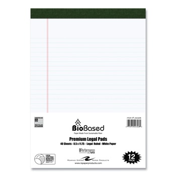  | Roaring Spring 24326 8.5 x 11.75 Sheets (40) USDA Certified Bio-Preferred Wide/Legal Rule Pad - White (12/Pack)