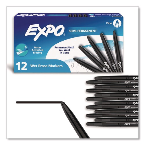 Washable Markers | EXPO 2211316 Wet Erase Marker Fine Bullet Tip Black 12/Pack image number 0