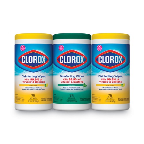 Hand Wipes | Clorox 30208 7 in. x 8 in. 1-Ply Disinfecting Wipes - Fresh Scent/Citrus Blend, White (75/Canister, 3 Canisters/Pack) image number 0