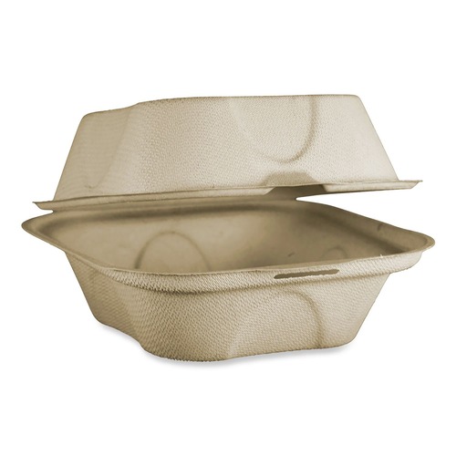 Food Trays, Containers, and Lids | World Centric TO-SC-U15B-LFP 6.5 in. x 6 in. x 3.2 in. Paper Burger Box Fiber Hinged Containers - Natural (500/Carton) image number 0