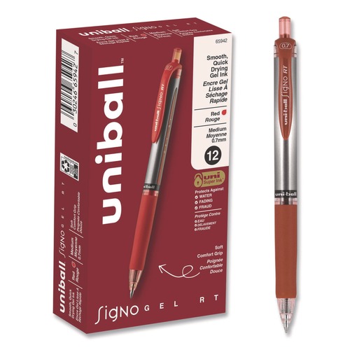 Pens | uni-ball 65942 Signo 0.7 mm Retractable Gel Pen - Red Ink/Silver/Red Barrel/Medium (1-Dozen) image number 0