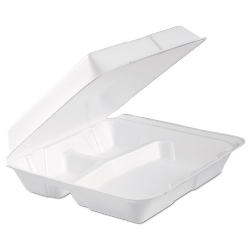  | Dart 95HTPF3R 9.3 in. x 9.5 in. x 3 in. 3-Compartment Foam Hinged Lid Container - White (200/Carton) image number 0