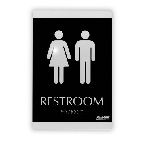 Floor Signs & Safety Signs | Headline Sign 4249 Century Series 6 in. x 9 in. Men/Women Restroom Office Sign - Black/Silver image number 0