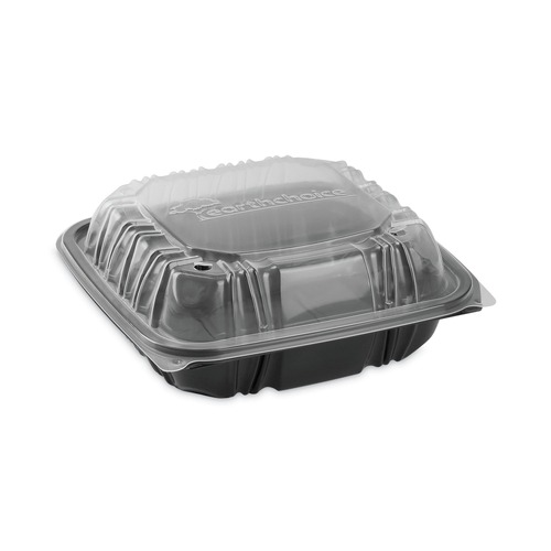 Food Trays, Containers, and Lids | Pactiv Corp. DC757100B000 28 oz 7.5 x 7.5 x 3 EarthChoice Vented Dual Color Microwavable Plastic Hinged Lid Container - Black/Clear (150/Carton) image number 0