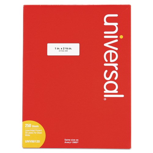 Labels | Universal UNV80120 1 in. x 2.63 in. Inkjet/Laser Printers Labels - White (7500/Box) image number 0