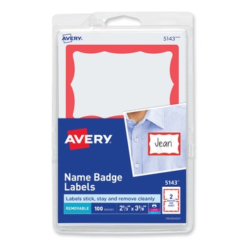 Avery 05143 3.38 in. x 2.33 in. Printable Adhesive Name Badges - Red Border (100/Pack)