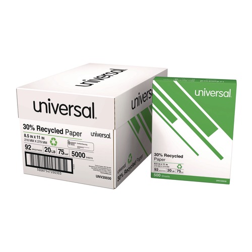 Back to School Sale | Universal UNV20030 20 lbs. Bond Weight 92 Bright 8.5 in. x 11 in. 30% Recycled Copy Paper - White (500 Sheets/Ream, 10 Reams/Carton) image number 0