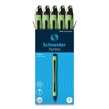  | Schneider 190001 0.8 mm Xpress Fineliner Porous Point Stick Pen - Medium/Black Ink/Black/Green Barrel (10/Box)