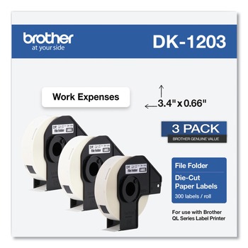 Brother DK12033PK 0.66 in. x 3.4 in. Die-Cut File Folder Labels - White (3-Rolls/Pack)