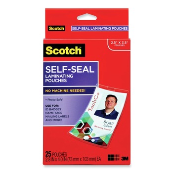 | Scotch LS852G 2.31 in. x 4.06 in. 12.5 mil Self-Sealing Laminating Pouches - Gloss Clear (25/Pack)