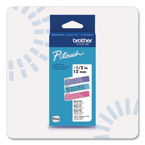 Labels | Brother P-Touch BTAG3M02 0.47 in. x 13.1 ft. Genuine P-Touch BTAG Label Tapes - White on Purple, Black on Light Blue, White on Pink image number 0