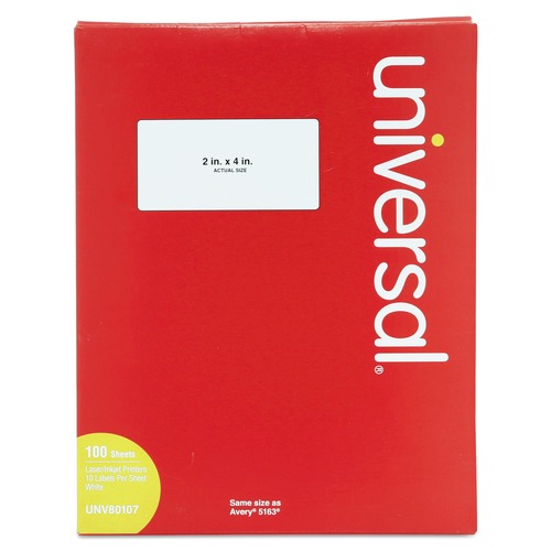 Labels | Universal UNV80107 2 in. x 4 in. Inkjet/Laser Printers Labels - White (1000/Box) image number 0