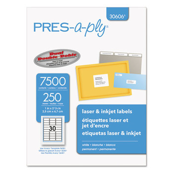 LABELS | PRES-a-ply 30606 1 in. x 2.63 in. Laser Printer Labels - White (30/Sheet, 250 Sheets/Box)