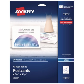Avery 08383 4.25 x 5.5 Inkjet Photo-Quality Printable Postcards - Glossy White (100/Pack)