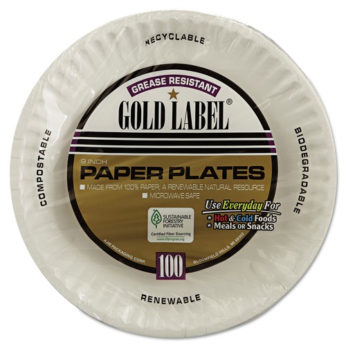  | AJM Packaging Corporation AJM CP9GOEWH 9 in. Diameter Gold Label Coated Paper Plates - White (100/Pack, 10 Packs/Carton) image number 0