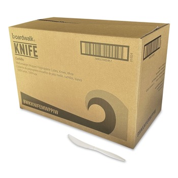 Boardwalk BWKKNIFEMWPPIW 5.86 in. Mediumweight Wrapped Polypropylene Plastic Knife Cutlery - White (1000/Carton)