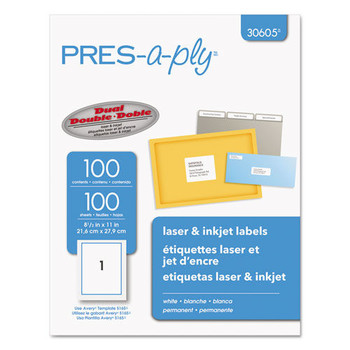 PRES-a-ply 30605 8.5 in. x 11 in. Laser Printer Labels - White (100/Box)