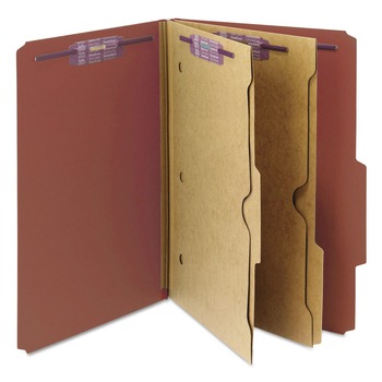 Smead 19079 6 SafeSHIELD Fasteners 2 Dividers Legal Size 6-Section Pressboard Top Tab Pocket Classification Folders - Red (10/Box)