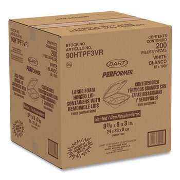 Dart 90HTPF3VR 9.01 in. x 9.4 in. x 3.1 in. 3-Compartments Insulated Foam Hinged Lid Containers - White (200/Carton)