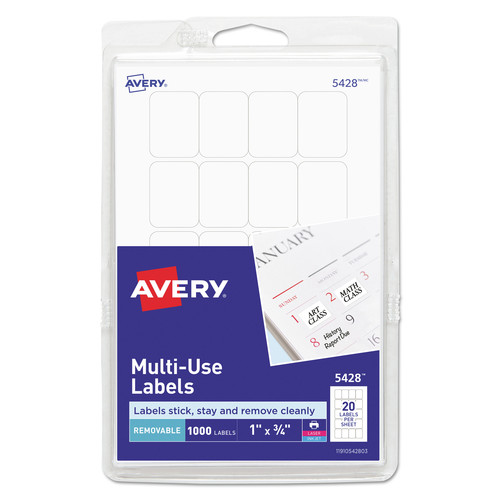 Labels | Avery 05428 1 in. x 0.75 in. Removable Multi-Use Labels for Inkjet/Laser Printers - White (20/Sheet, 50 Sheets/Pack) image number 0
