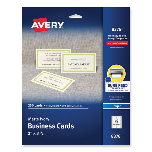 Office & Office Supplies | Avery 08376 2 x 3.5 Printable Microperforated Business Cards with Sure Feed Technology - Ivory (250/Pack) image number 0