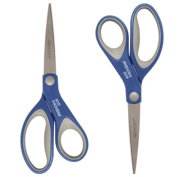 Westcott 17836 8 in. Long 3.25 in. Cut Length Scissors with Antimicrobial Protection - Straight Blue/Gray Handle (2/Pack)