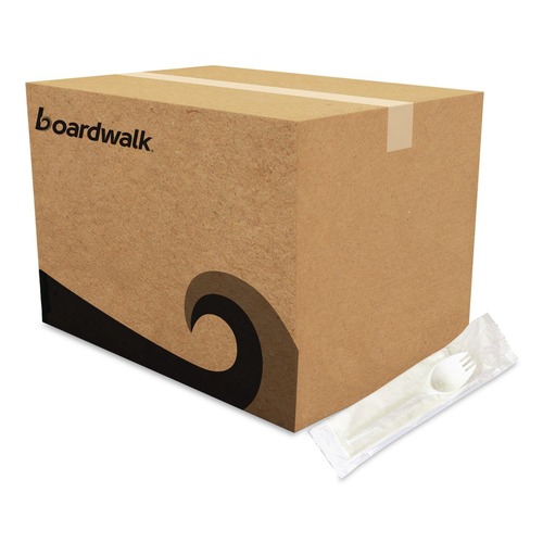Cutlery | Boardwalk BWKSCHOOLKITPP 5.31 in. Mediumweight Plastic School Cutlery Napkin/Spork/Straw Kit - White (1000/Carton) image number 0