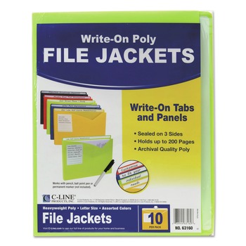 C-Line 63160 Write-On Straight Tab Letter Size Poly File Jackets - Assorted Colors (10/Pack)
