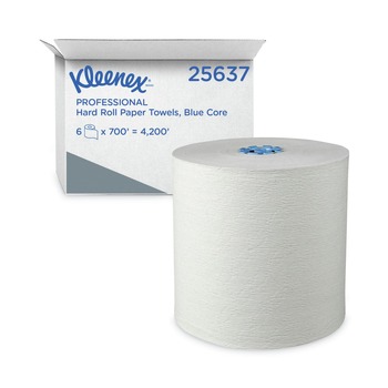 PAPER TOWELS AND NAPKINS | Kleenex 25637 1-Ply 7.5 in. x 700 ft. Hard Roll Paper Towels with Premium Absorbency Pockets - White with Blue Core (6/Carton)