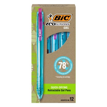 PRODUCTS | BIC RGLE11 AST Ecolutions Medium 1 mm. Retractable Gel Pen - Assorted Ink/Blue Barrel (1-Dozen)